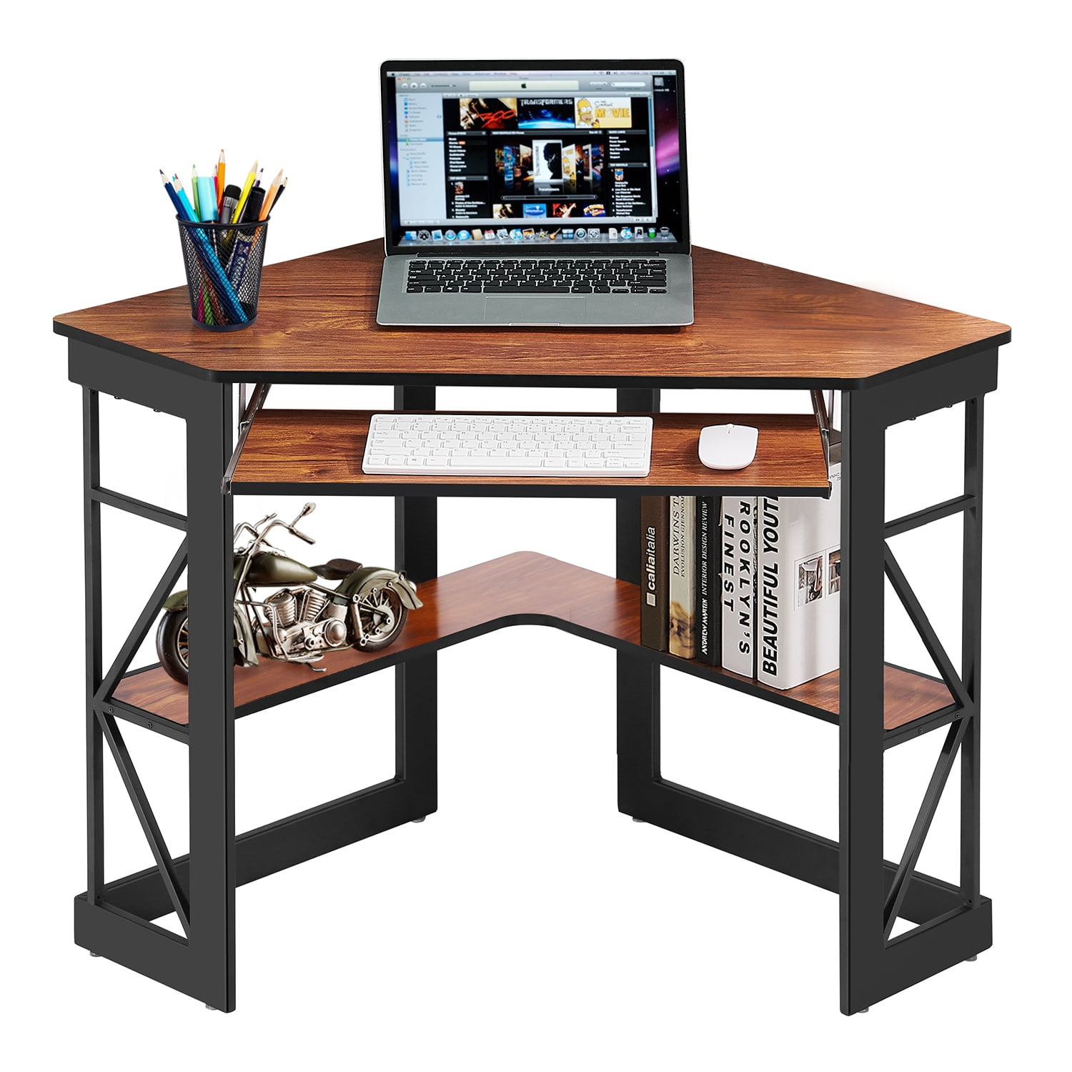 VECELO Desk with Keyboard Corner Computer Writing Shelves, Compact Home Office, Rustic Natural Brown
