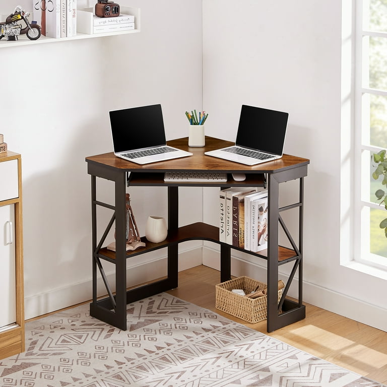 VECELO Desk with Keyboard Corner Computer Writing Shelves Compact Home Office Rustic Natural Brown