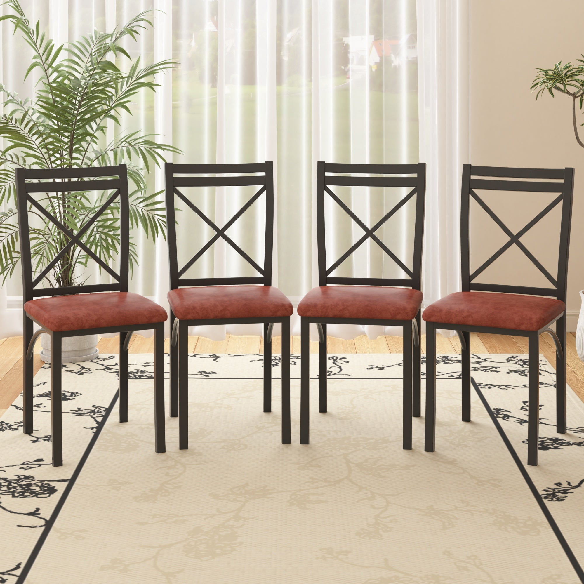 VECELO Dining Chair Set of 4, Modern Kitchen Upholstered Chairs with Backrest, Metal Legs and PU Leather Seat Set for Living Room Restaurant, Brown