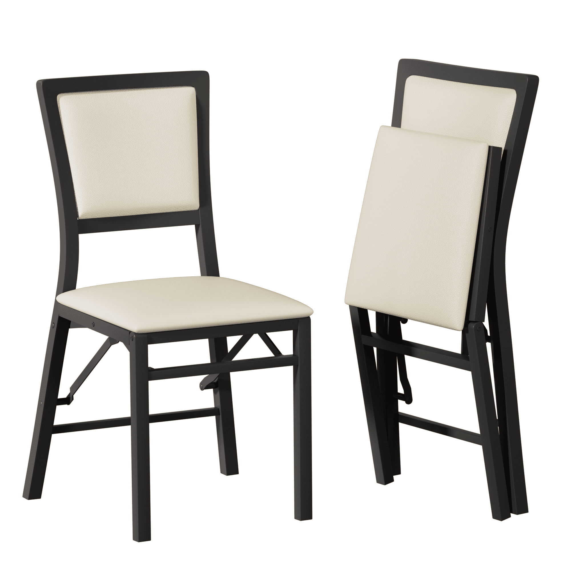 VECELO Dining Chairs Set of 2, Space-Saving and No Assembly, High Back PU Upholstered Folding Chairs with Metal Frame for Kitchen and Living Room, Beige