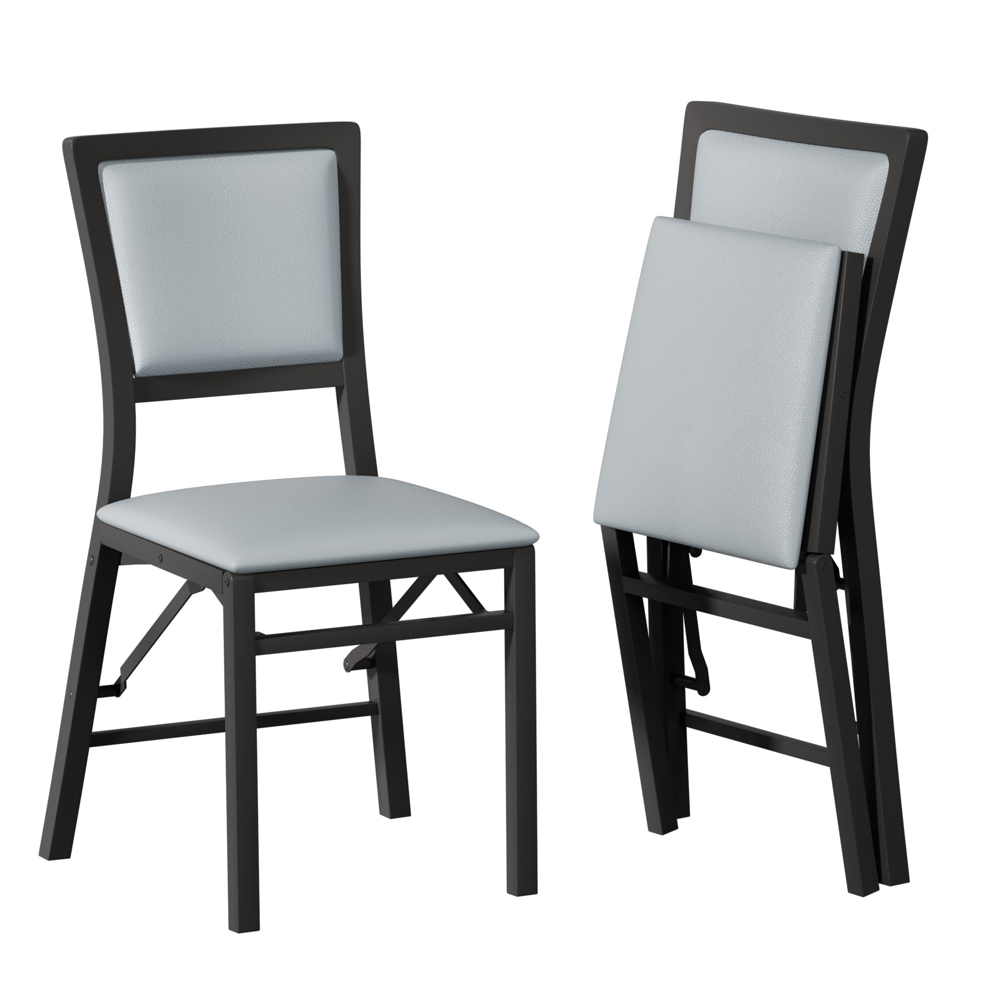 VECELO Dining Chairs Set of 2, Space-Saving and No Assembly, High Back PU Upholstered Folding Chairs with Metal Frame for Kitchen and Living Room, Grey