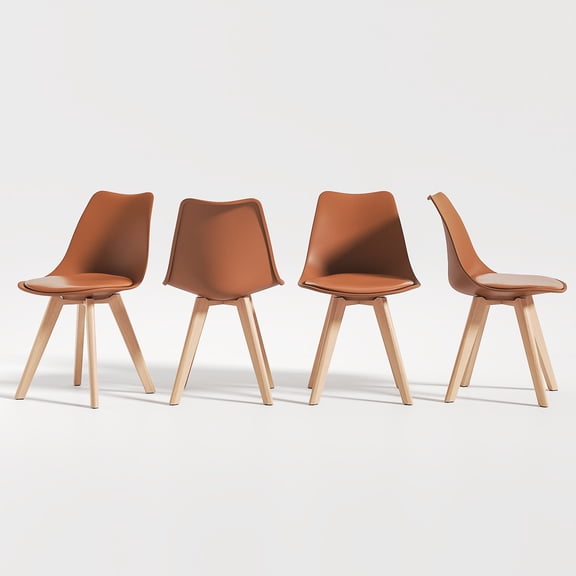 VECELO Dining Chairs Set of 4, Mid-Century Dining Chairs, PU Leather Upholstered Seat & Back with Solid Wood Legs and Cushion, Armless Kitchen Chairs, Non-Slip Feet, Brown