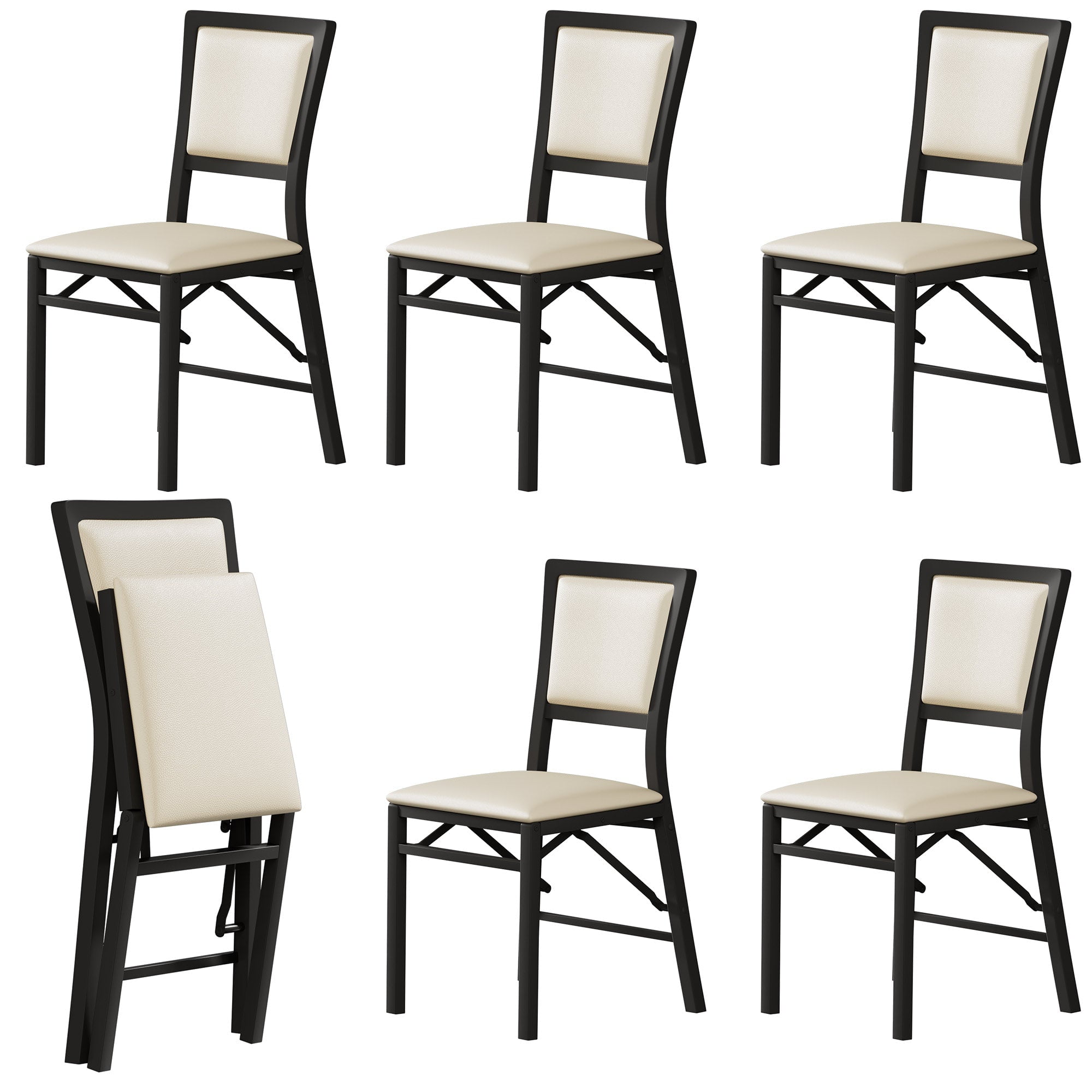 VECELO Dining Chairs Set of 6, Space-Saving and No Assembly, High Back PU Upholstered Folding Chairs with Metal Frame for Kitchen and Living Room, Beige