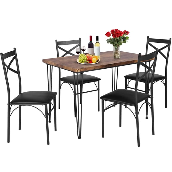 VECELO Dining Table Set for 4, Rectangle Table with 4 Chairs Set, 5 Piece Kitchen Table Set with Cushion Seats for Dining Room, Breakfast Nook, Small Space, Brown