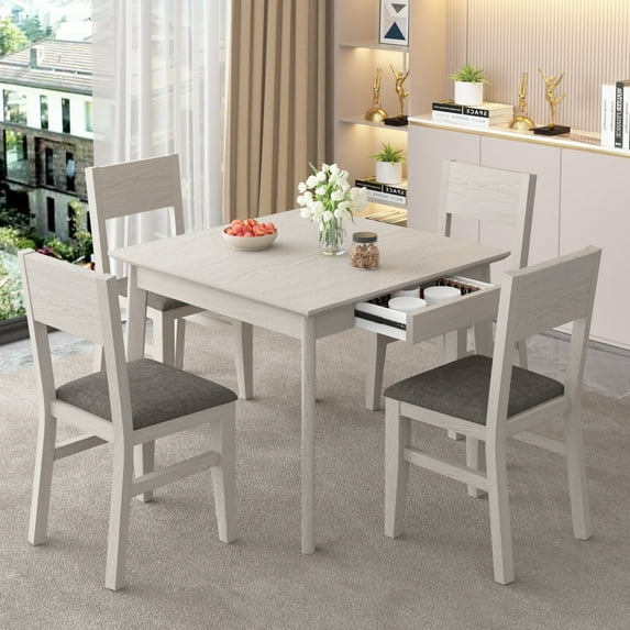 VECELO Dining Table Set For 4, 5-Piece Modern Table With Drawer And 4 Chair, Padded Seats, Space-saving Dining Room Set For Home, Apartment