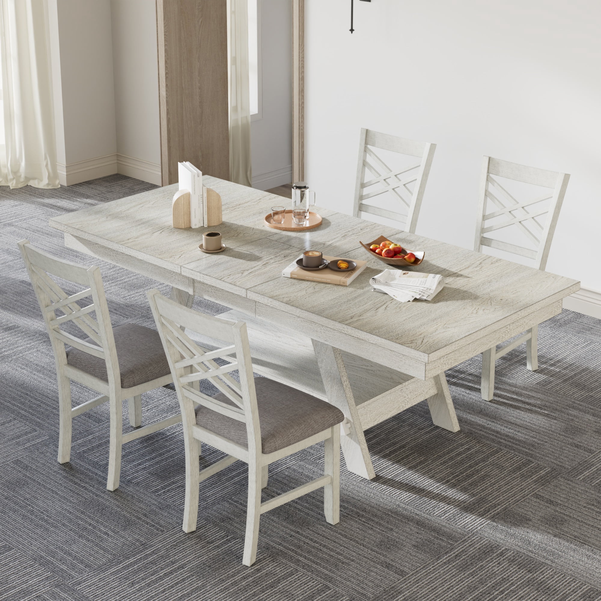 VECELO Dining Table Set For 4，5-Pieces Farmhouse Style Extendable ...