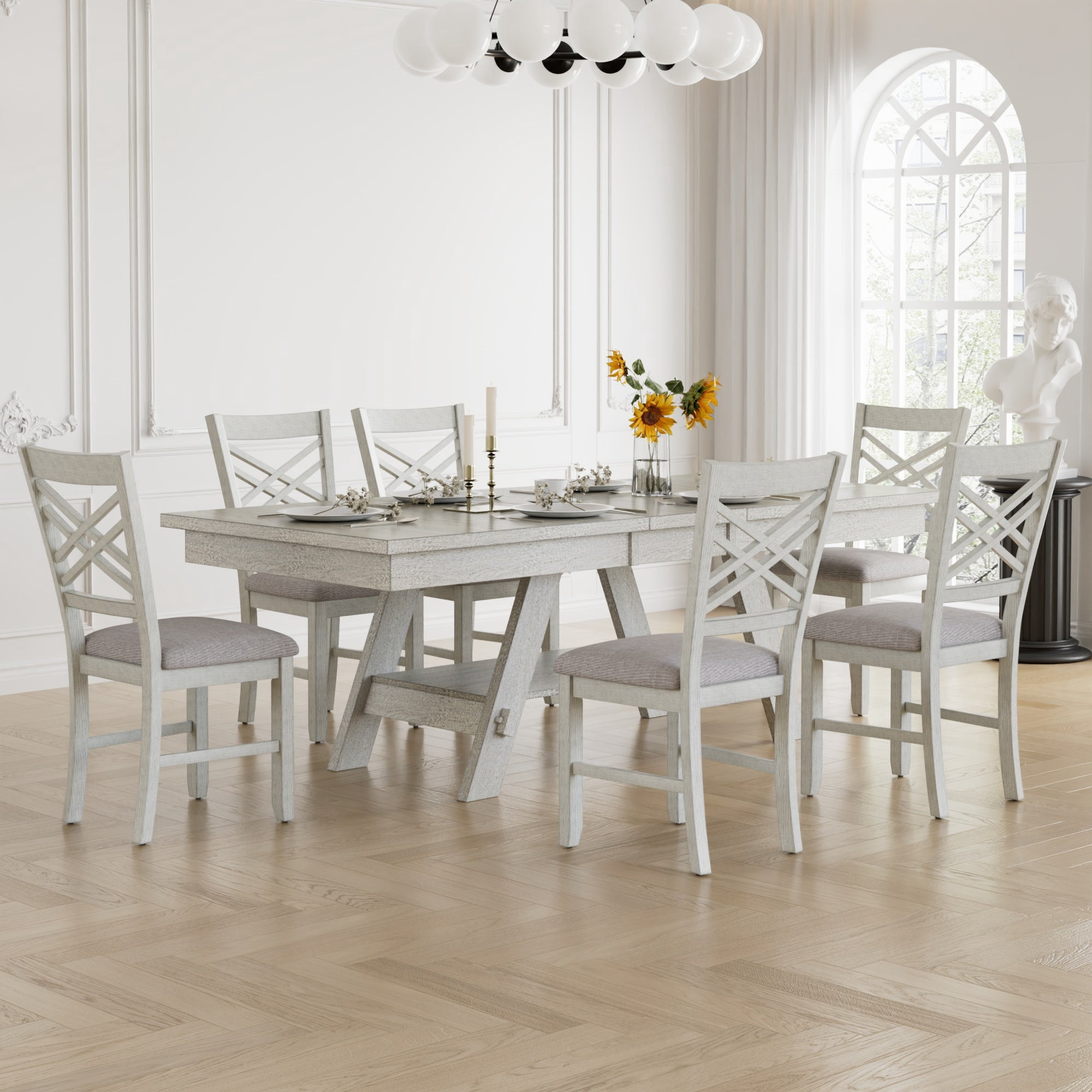 VECELO Dining Table Set For 6，7-Pieces Farmhouse Style Extendable ...