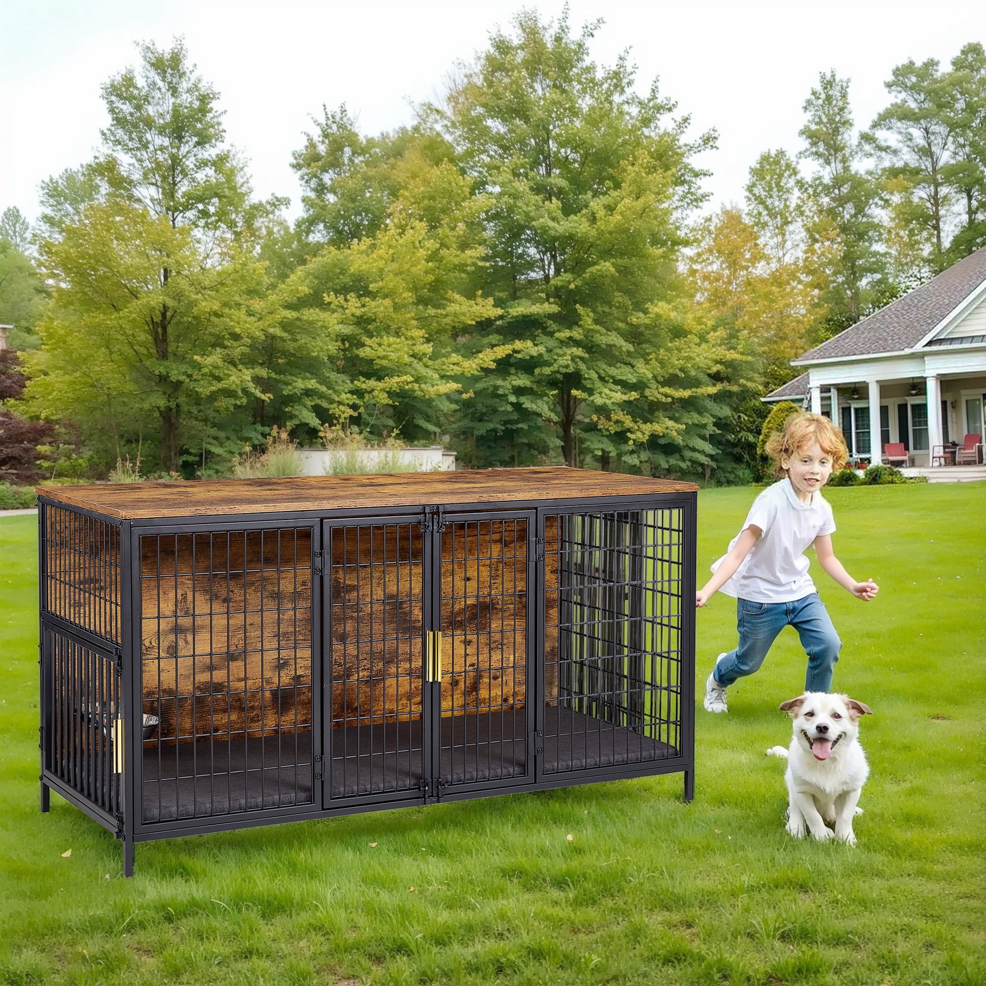 VECELO Dog Crate Furniture, 53 Inch Dog Kennel Indoor Wooden Dog Cage with Double Doors, Farmhouse Decorative Pet House for Large Medium Dogs, Chew-Resistant, Brown