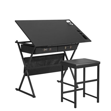 VECELO Drafting Table with Stool Set, Top Adjustable Desk Tilting Tabletop Paintings Work Station with 2 Drawes & Side Trays & Storage Shelf for Home Office, Black