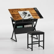 VECELO Drafting Table with Stool Set, Top Adjustable Desk Tilting Tabletop Paintings Work Station with 2 Drawes & Side Trays & Storage Shelf for Home Office, Brown