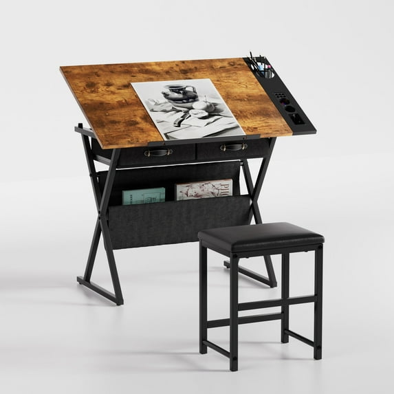 VECELO Drafting Table with Stool Set, Top Adjustable Desk Tilting Tabletop Paintings Work Station with 2 Drawes & Side Trays & Storage Shelf for Home Office, Brown