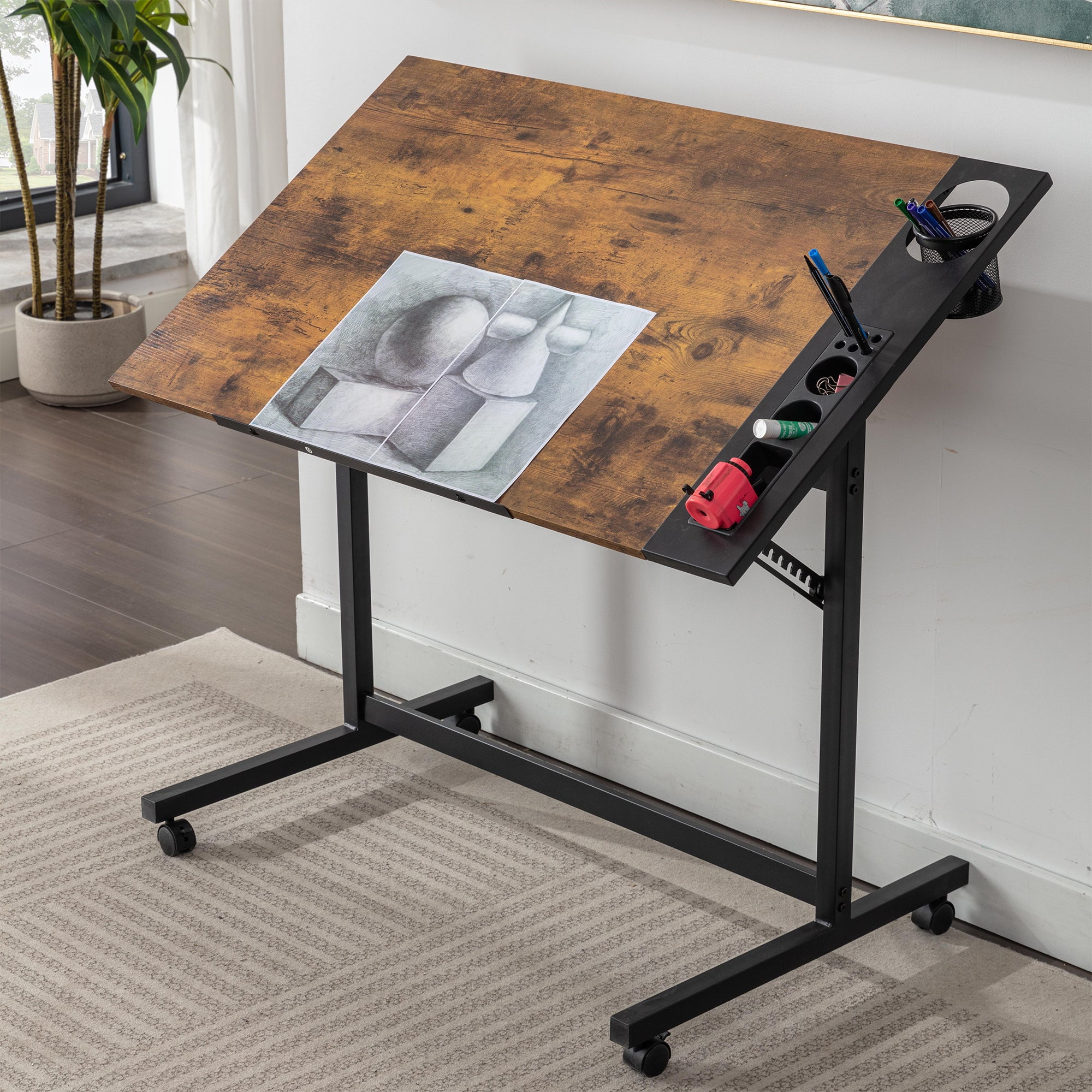 VECELO Drafting Table with Wheels, Adjustable Drawing Table Tiltable