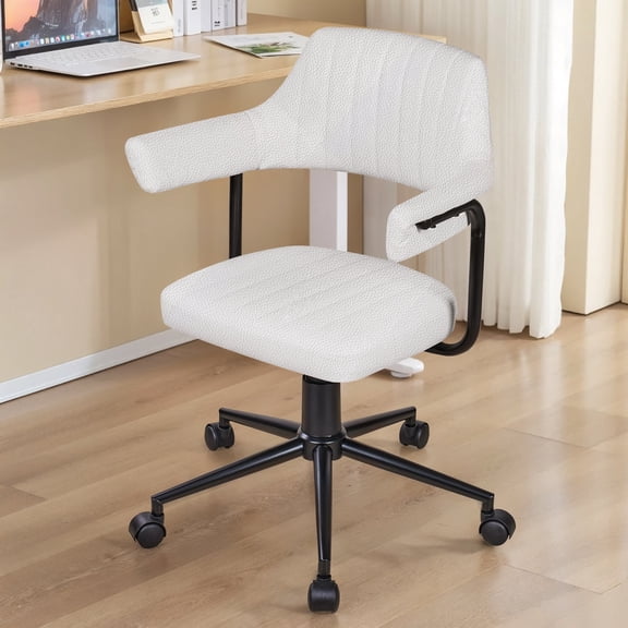VECELO Ergonomic Lift Swivel Office Desk Chair with Arm, Silent Wheels, Height Adjustable PU Leather Task Chairs, White