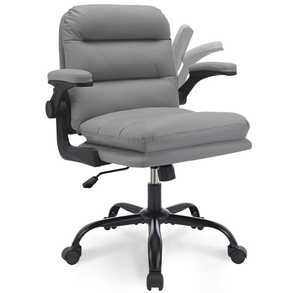 VECELO Ergonomic Office Chair, PU Leather Thick Padding Swivel Executive Computer Desk Chair With Upholstered Flip-Up Arms, Gray