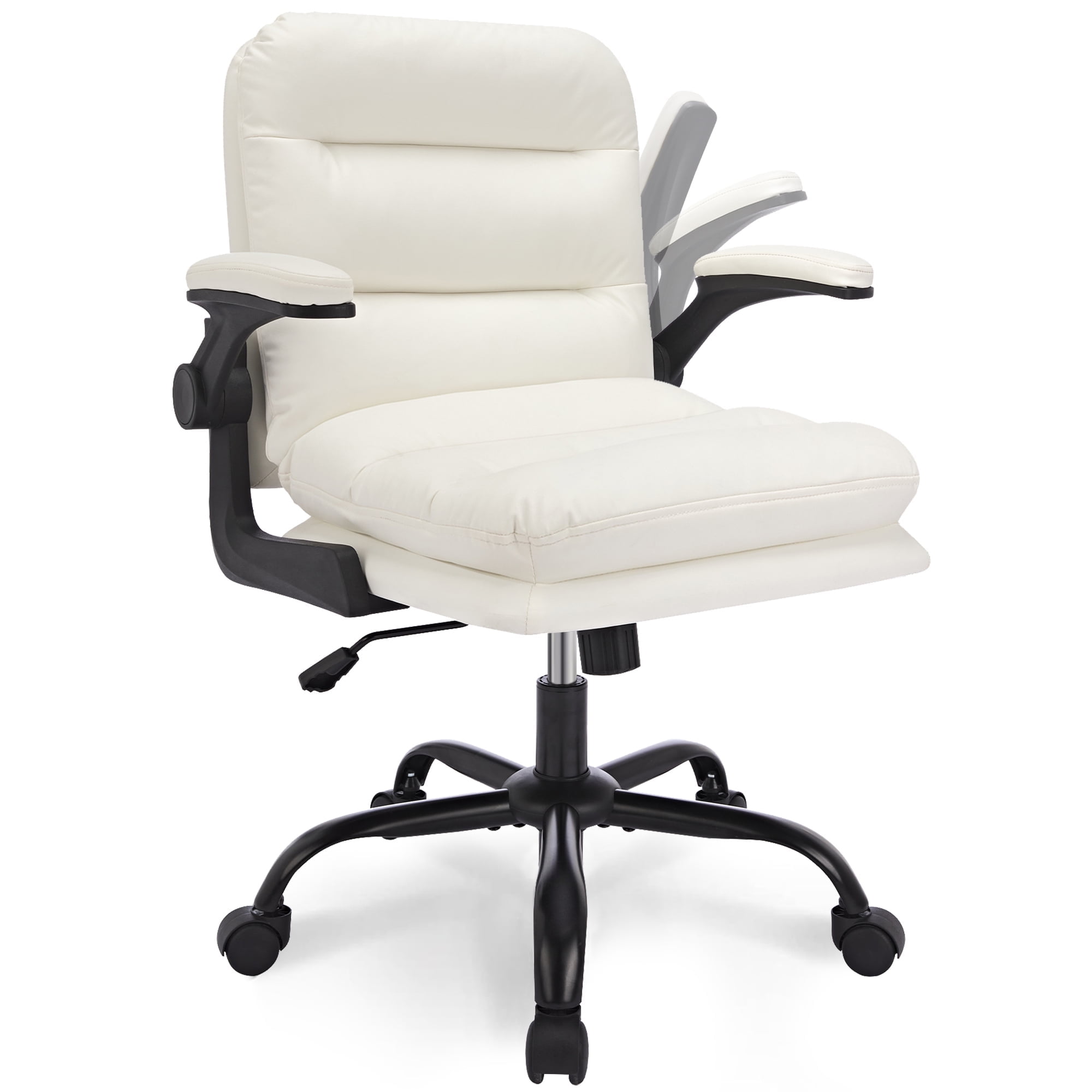 VECELO Ergonomic Office Chair, PU Leather Thick Padding Swivel Executive Computer Desk Chair With Upholstered Flip-Up Arms, White