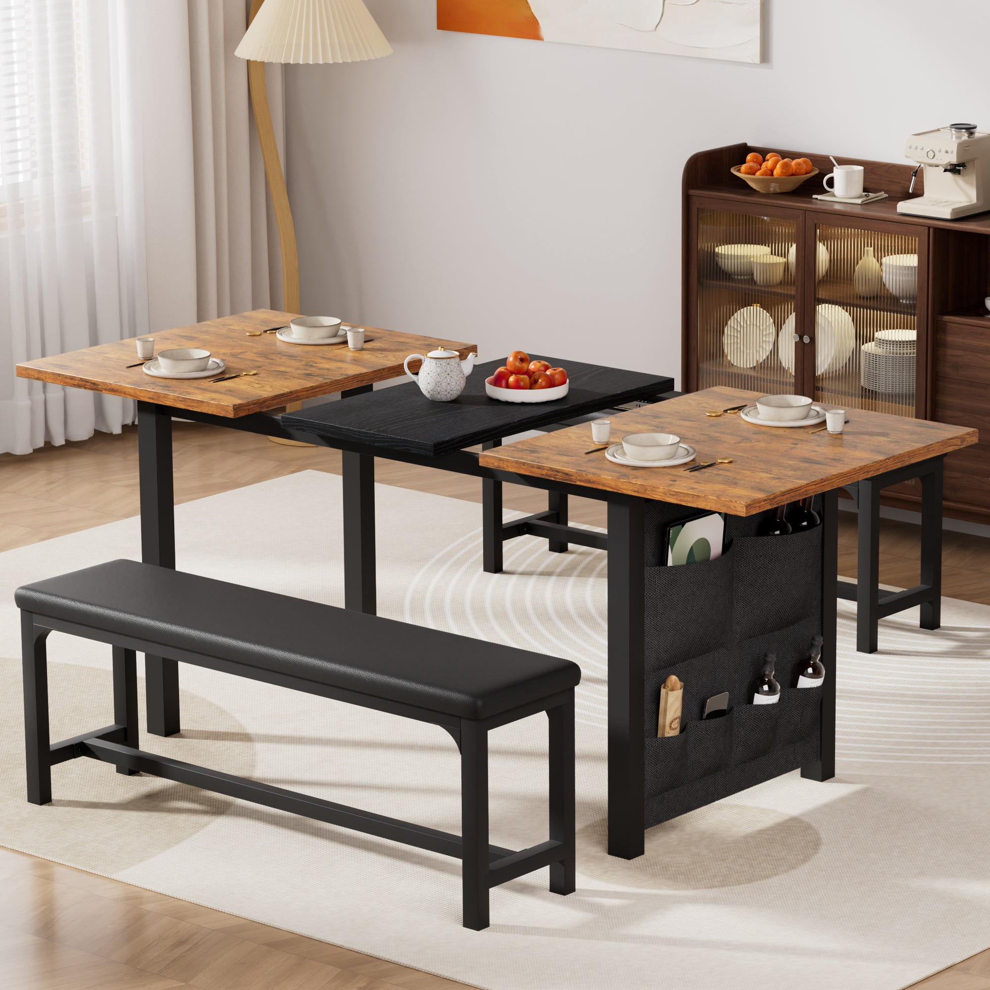 VECELO Extendable Dining Table Set for 4-6 People, Modern 3-Piece ...