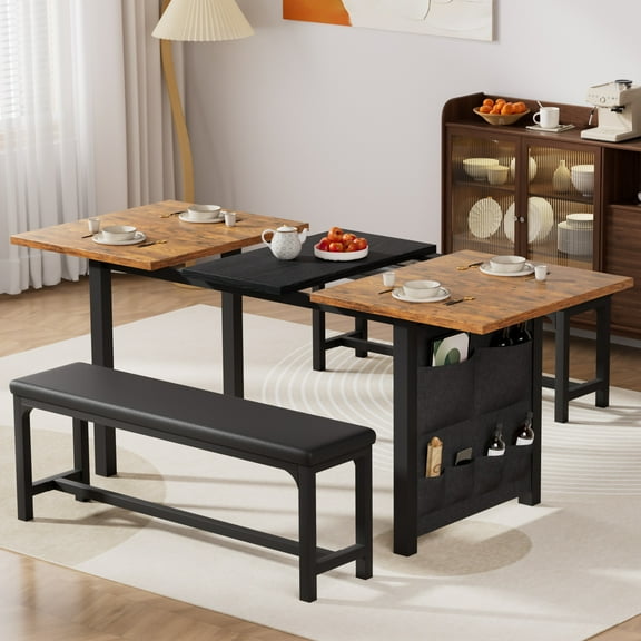 VECELO Extendable Dining Table Set for 4-6 People, Modern 3-Piece Kitchen Table Set with 2 Upholstered Benches, Mid-Century Dining Room Table, Saving Space, Brown