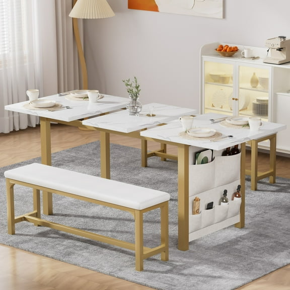 VECELO Extendable Dining Table Set for 4-6 People, Modern 3-Piece Kitchen Table Set with 2 Upholstered Benches, Mid-Century Dining Room Table, Saving Space, Marble White