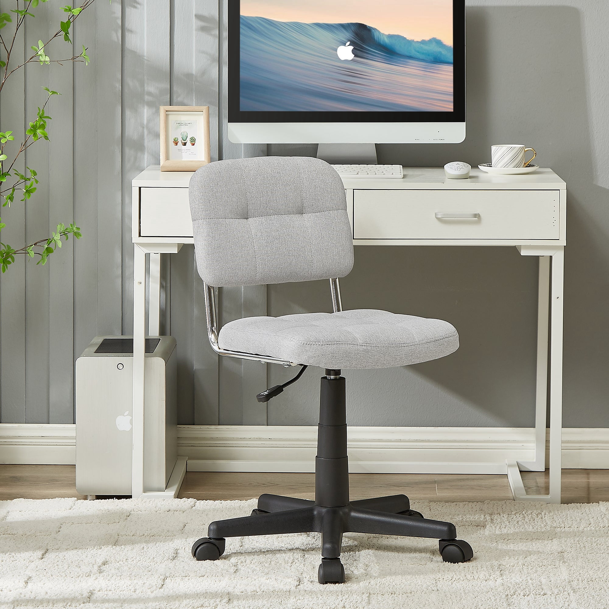 VECELO Fabric Office Chair, Upholstered Linen Ergonomic Desk Chair with ...