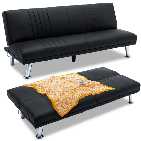 VECELO Faux Leather Couch Sofa Bed, 65" Folding Futon Sofa with Dual USB Charging Ports for Living Room, Black