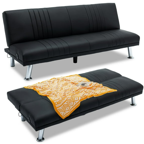 VECELO Faux Leather Couch Sofa Bed, 65" Folding Futon Sofa with Dual USB Charging Ports for Living Room, Black