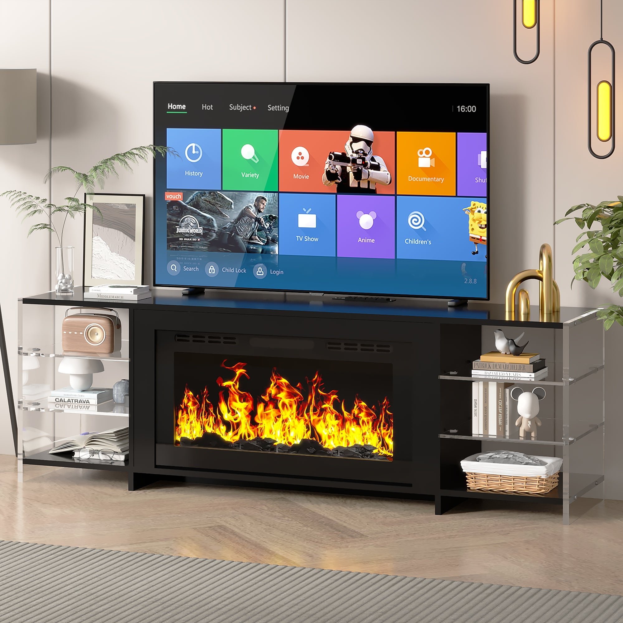 VECELO Fireplace TV Stand with Power Outlet, Entertainment Center for