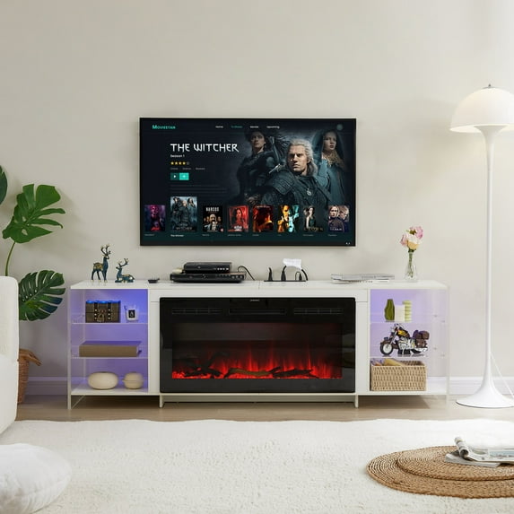 VECELO Fireplace TV Stand with Power Outlet, Entertainment Center for 75 Inch TV Cabinet with Acrylic Shelves, Modern TV Console for Living Room Bedroom, White