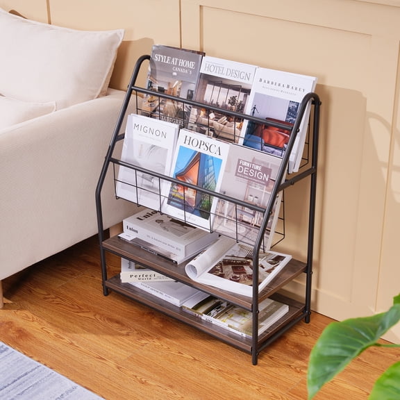VECELO Floor Standing Magazine Newspaper Rack, 4-Tier Book Brochure Storage Display Stand, Gray