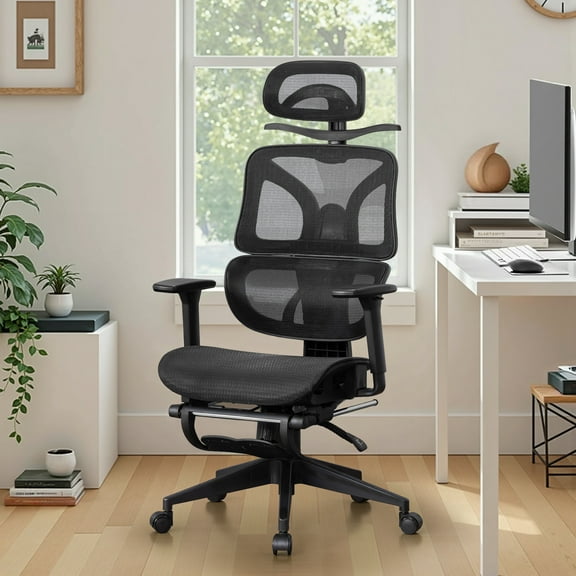 VECELO Foldable Office Chair, Ergonomic High-Back Mesh Rolling Work Swivel Computer Chair with Wheels, Comfortable Lumbar Support, Comfy Arms for Home, Gaming Room, Bedroom, Study, Student, Black
