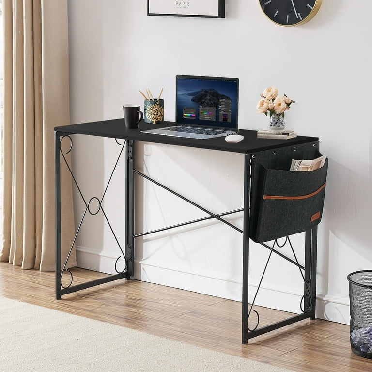 VECELO Folding Computer Writing Desk with Fabric Storage Bag Modern Simple No Assembly Study Office Table Black