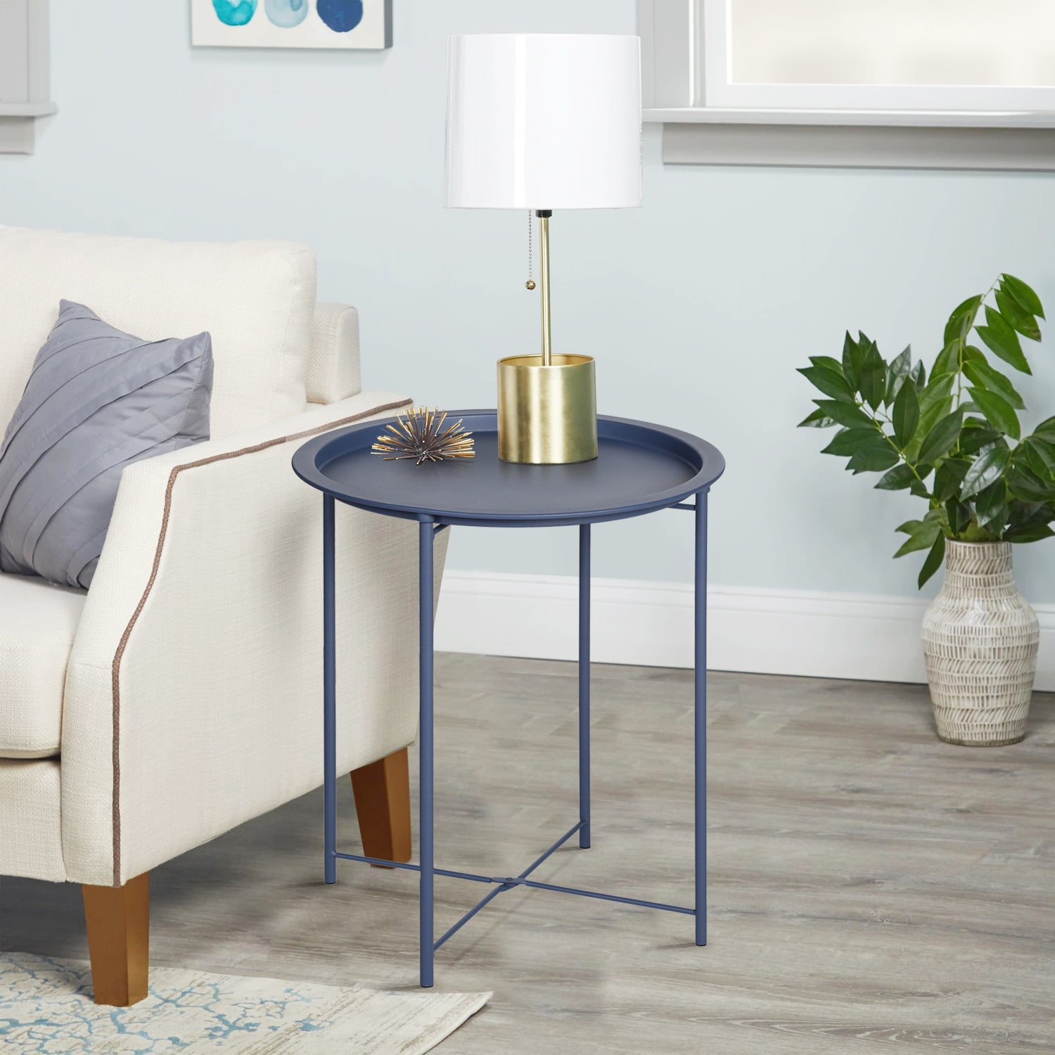 VECELO Folding Metal Tray Side Table, Indoor Round Sofa End Table