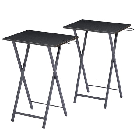 VECELO Folding TV Tray, Portable Dinner/Snack Table with Cup Holder, Set of 2, Black