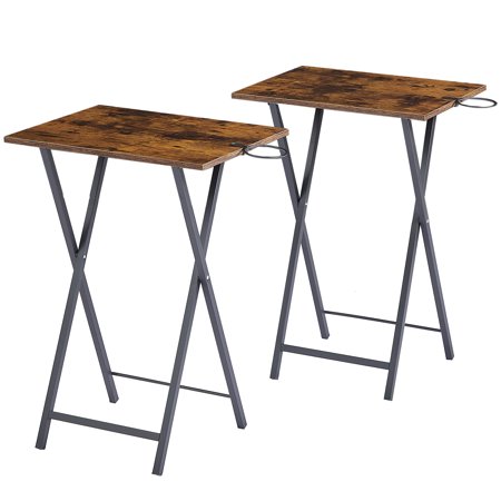 VECELO Folding TV Tray, Portable Dinner/Snack Table with Cup Holder, Set of 2, Brown