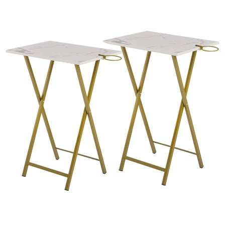 VECELO Folding TV Tray, Portable Dinner/Snack Table with Cup Holder, Set of 2, Gold
