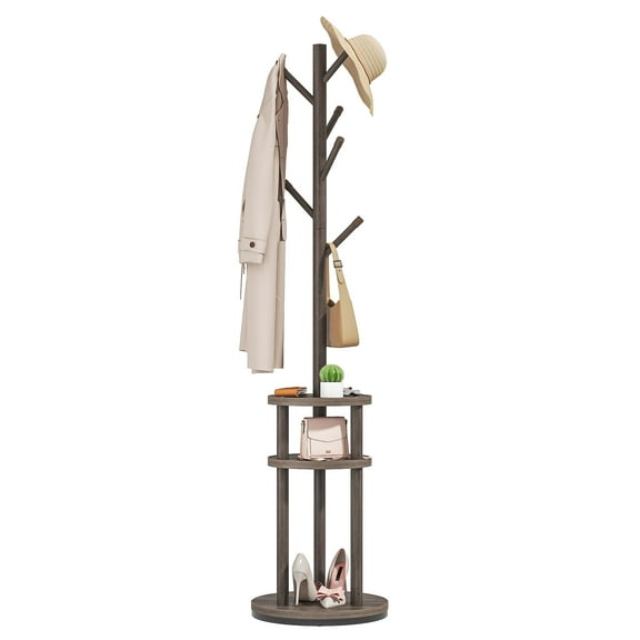 VECELO Freestanding Coat Rack, Rotating Base With 6 Hooks, Entryway Hanger Stand for Bedroom, Entryway, Living Room, Brown