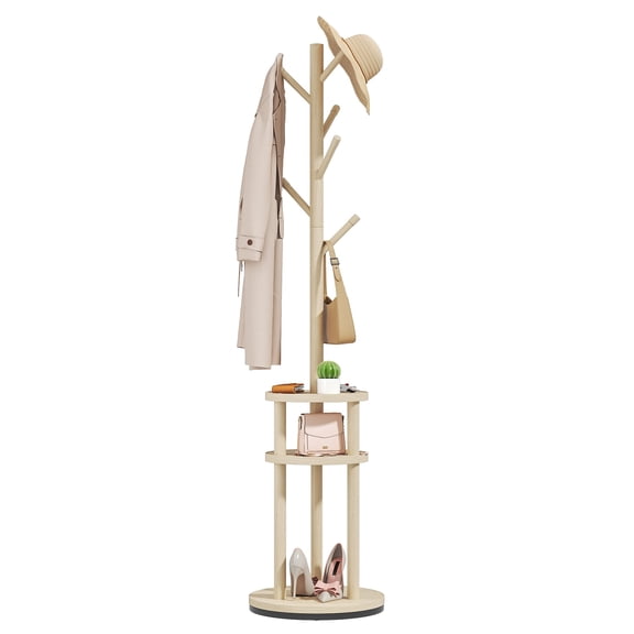 VECELO Freestanding Coat Rack, Rotating Base With 6 Hooks, Entryway Hanger Stand for Bedroom, Entryway, Living Room, Oak Color