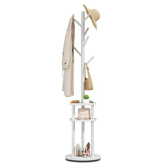 VECELO Freestanding Coat Rack, Rotating Base With 6 Hooks, Entryway Hanger Stand for Bedroom, Entryway, Living Room, White