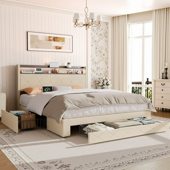 VECELO Full Bed Frame with 3 Storage Drawers and Charging Station, Upholstered Platform Bed Frame with LED Headboard, Noise Free, Easy Assembly, Beige