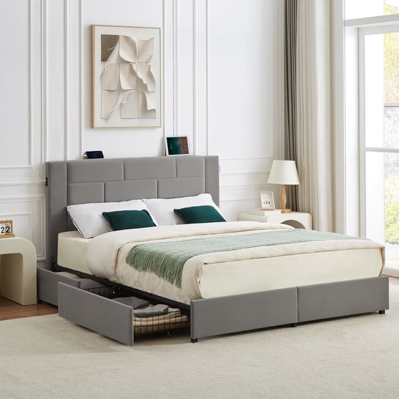 VECELO Full Bed Frame with 4 Storage Drawers and Charging Station, Upholstered Platform Bed with Headboard, Wooden Slats Support, No Box Spring Needed, Easy Assembly, Dark Gray