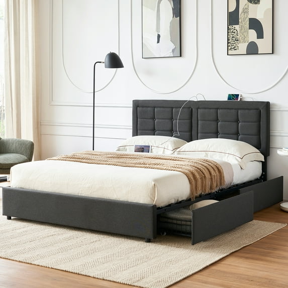 VECELO Full Bed Frame with 4 Storage Drawers & USB Ports, Modern Button Tufted Upholstered Platform Bed Frame with Adjustable Headboard, No Box Spring Needed, Gray