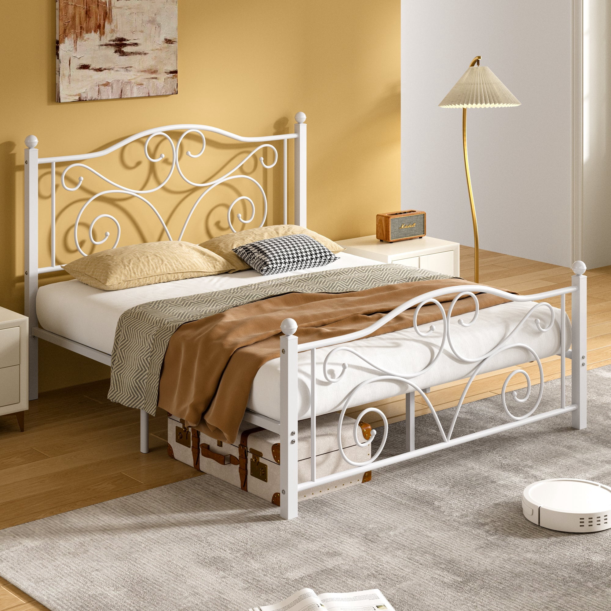 VECELO Full Size Bed Frame with Butterfly Shaped Headboards and Footboard, Metal Platform Bed Frame/Mattress Foundation, No Box Spring Needed, Easy Assembly, White