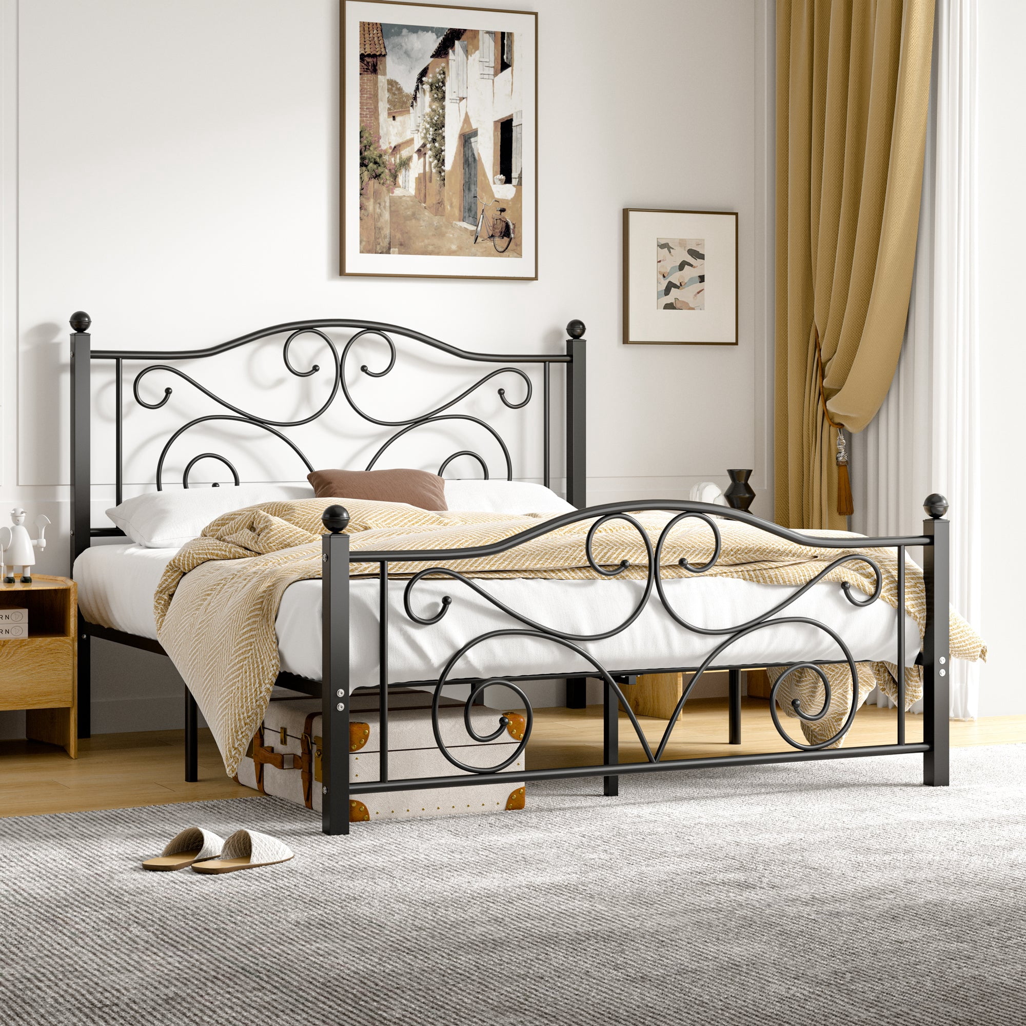 VECELO Full Bed Frame Metal Platform Bed Frame with Butterfly Shaped Headboards and Footboard, Mattress Foundation for Storage, No Box Spring Needed, Easy Assembly, Twin Size, Black