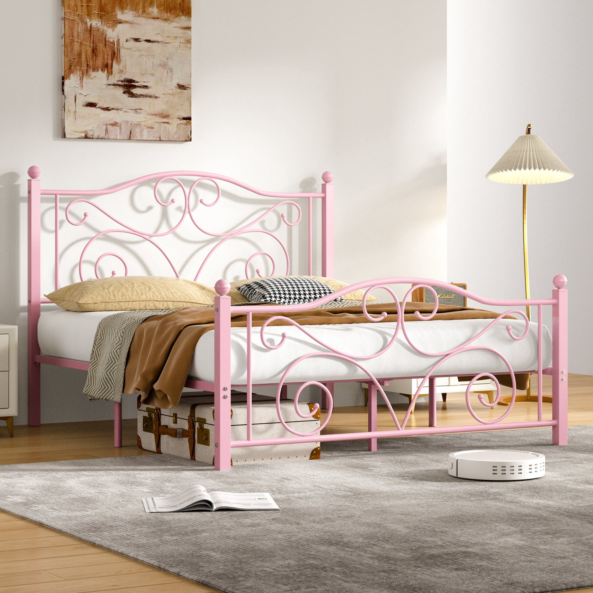 VECELO Full Size Bed Frame with Butterfly Shaped Headboards and Footboard, Metal Platform Bed Frame/Mattress Foundation, No Box Spring Needed, Easy Assembly, Pink