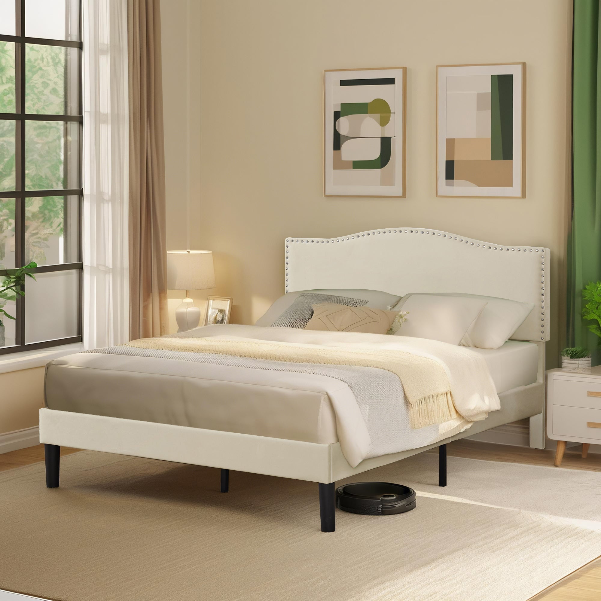 VECELO Full Bed Frame, Nailhead Trim Upholstered Platform Bed with ...