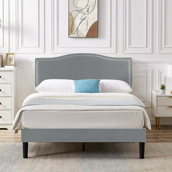 VECELO Full Bed Frame, Nailhead Trim Upholstered Platform Bed with Adjustable Headboard, Wooden Slats Support/No Box Spring Needed, Dark Gray