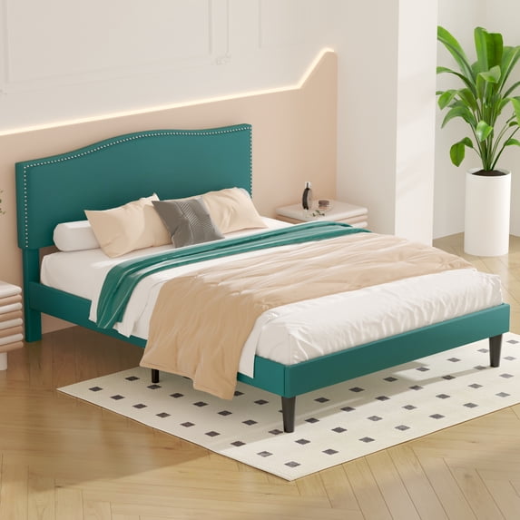 VECELO Full Bed Frame, Nailhead Trim Upholstered Platform Bed with Adjustable Headboard, Wooden Slats Support/No Box Spring Needed, Dark Green