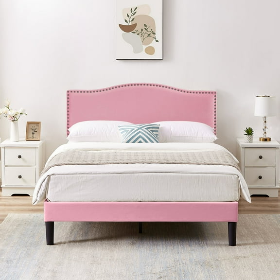 VECELO Full Bed Frame, Nailhead Trim Upholstered Platform Bed with Adjustable Headboard, Wooden Slats Support/No Box Spring Needed, Pink