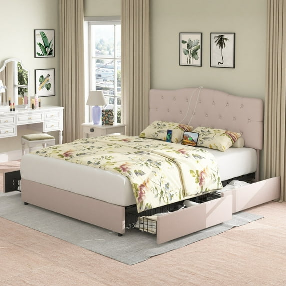 VECELO Full Bed Frame with Storage Drawers & Charging Ports, Upholstered Platform Bed Frame with Adjustable Headboard, Mattress Foundation with Wooden Slats Support, No Box Spring Needed, Beige