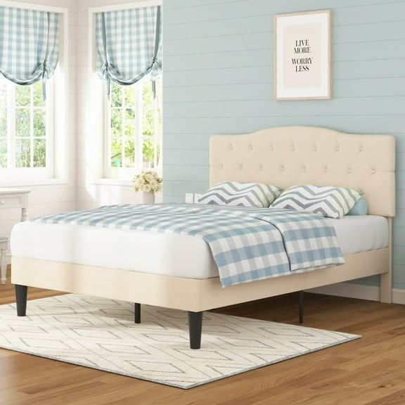 VECELO Full Upholstered Platform Bed Frame with Diamond Tufted Adjustable Headboard, Wooden Slats Support, No Box Spring Needed, Beige
