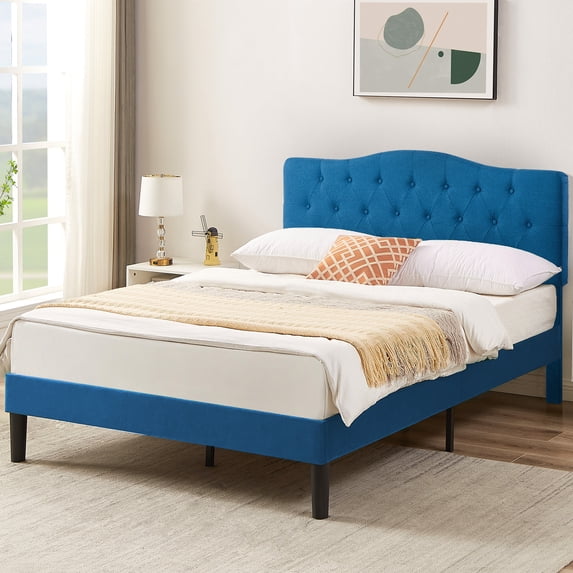 VECELO Full Bed Frame Upholstered Platform Bed Frame with Diamond Tufted Adjustable Headboard, Wooden Slats Support, No Box Spring Needed, Blue